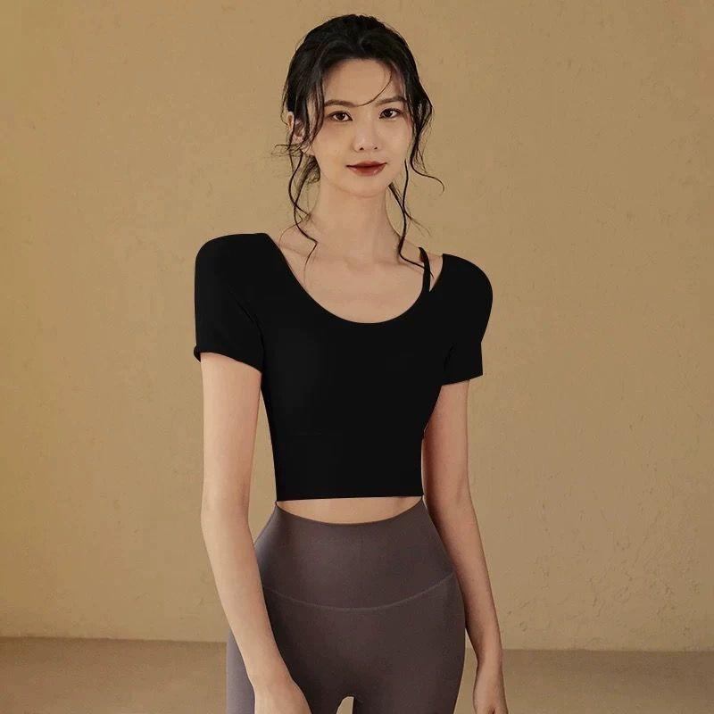 

Yoga Clothes with Cushion Summer Sports Short Sleeve Women s Tight Crop Top Sexy Quick-Drying Dance Running Fitness Clothes T-shirt Black M