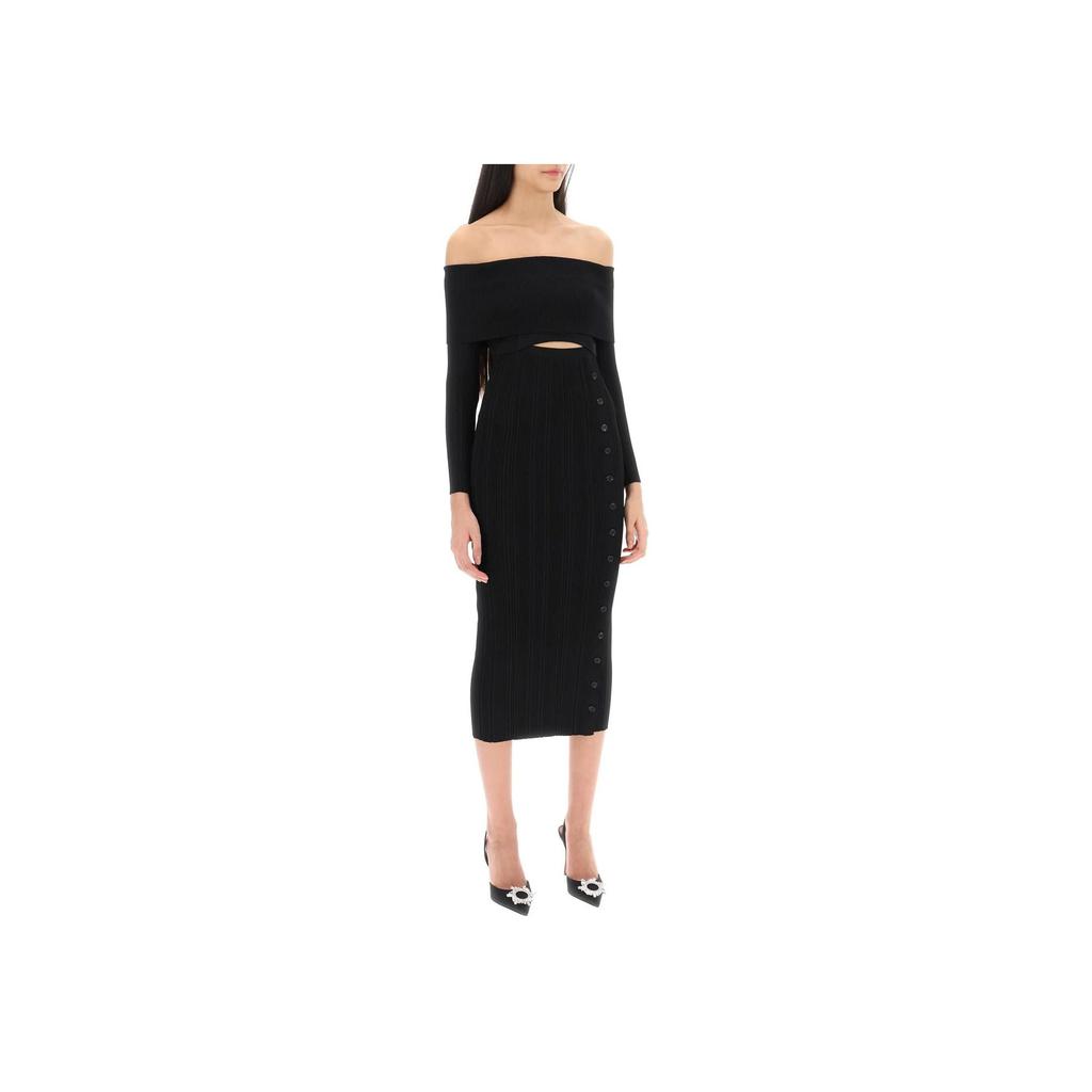 Self-Portrait Solid Color Off-The-Shoulder Midi Long Sleeve Dress Women dresses Black RS24200MB