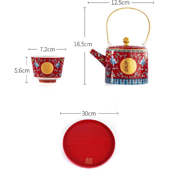 Chinese Double Happiness Red Wedding Tea Set,Porcelain Wedding Tea Set,Beam Handle, Comfortable To Hold,for Newlyweds, Friends Chinese Traditional