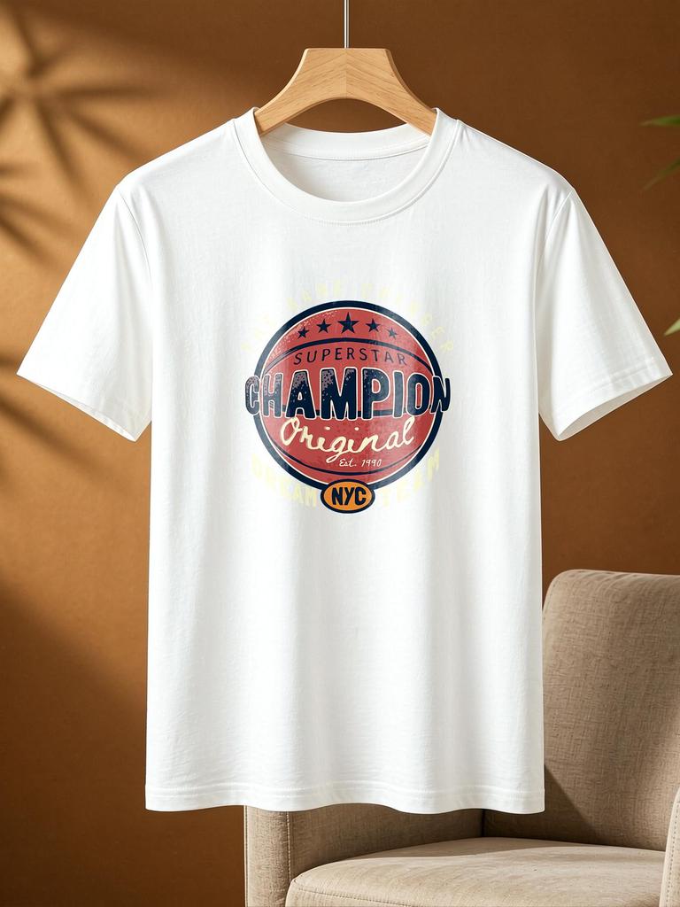Vintage Champion Print Casual T Shirt Soft Comfy Short Sleeve Unisex Daily Top