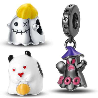 925 Silver Halloween Luminous Black Ghost Pendant Bead DIY Style Beaded Bracelet Necklace