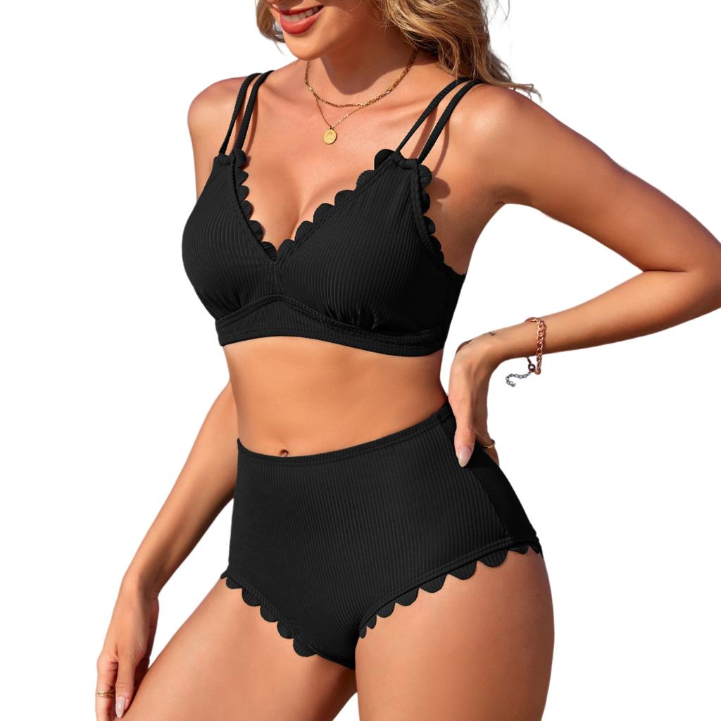 CHARMLEAKS Damskie bikini z falbanką, żebrowane, dwuczęściowe, kostiumy kąpielowe z dekoltem w serek i wysokim stanem