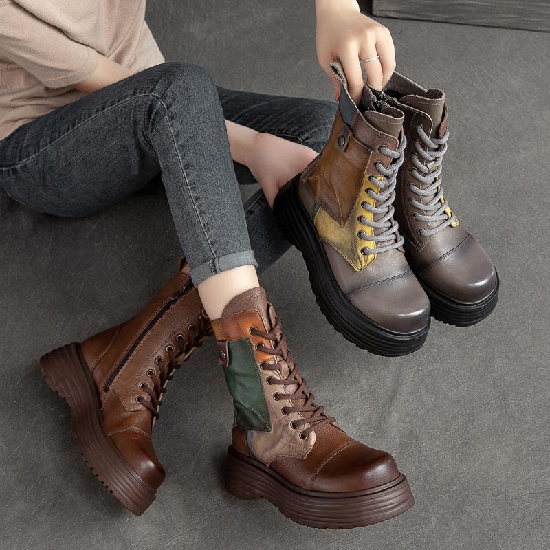 Fashion GKTINOO Handmade Boots Women Genuine Leather Round Toe Lace-up Zipper Platform Thick-soled Mid-calf Boots Retro Zapatos Mujer