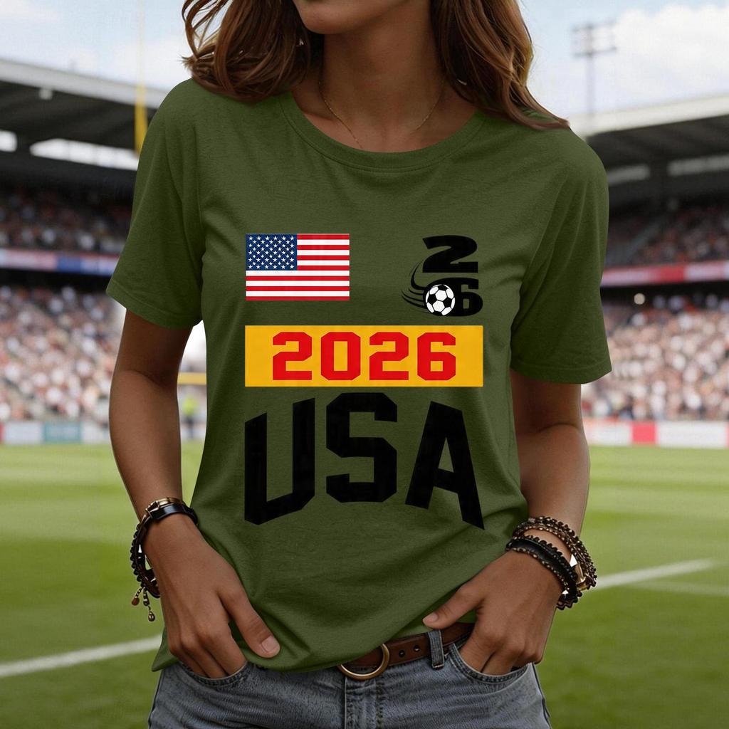 Women's Casual Short Sleeve T-Shirt Fashion Soccer World Cup Printed Crew Neck Top Lightweight Comfortable Fit USA 2026 Design