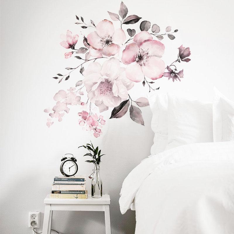 Watercolor Pink Flower and Leaf Combination Wall Stickers Home Background Decoration Stickers Removable Self-adhesive Mural