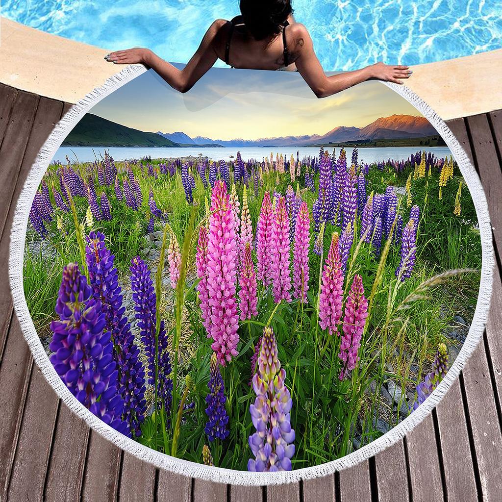 Botanical Floral Round Beach Towel, Garden Flowers Daisy Beach Blanket, Rustic Farmhouse Style Pool Towel, Portable Picnic Mat