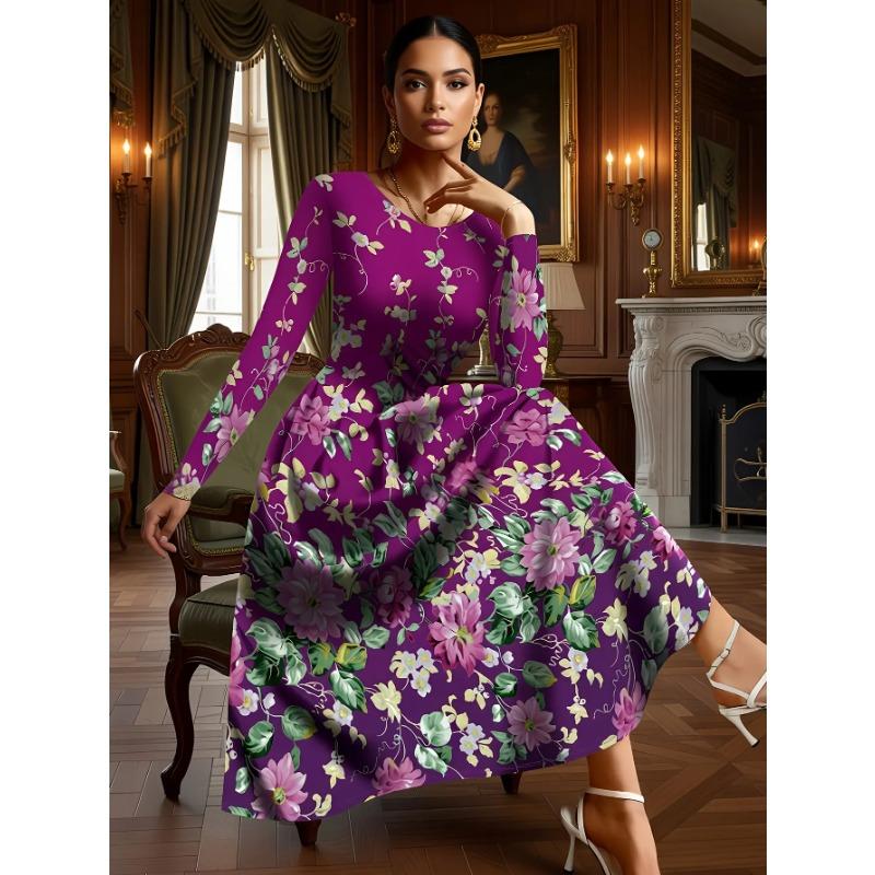 Plus size floral print dress, elegant round neck long sleeve dress for spring and fall