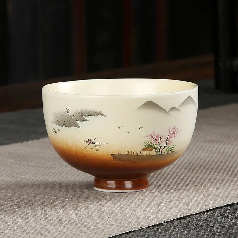 1pcs 100ml Coarse Pottery Teacup Single Cup Large Handmade  Ceramic Kung Fu Tea Set  Hand-painted Firewood Master Cup.