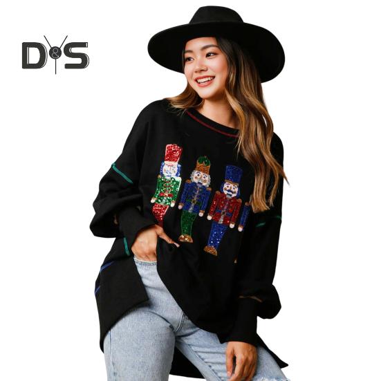 Women Sweatshirt Sequin Cartoon Pattern Slit Hem Round Neck Long Sleeves Christmas Style New Year Party Performance Top
