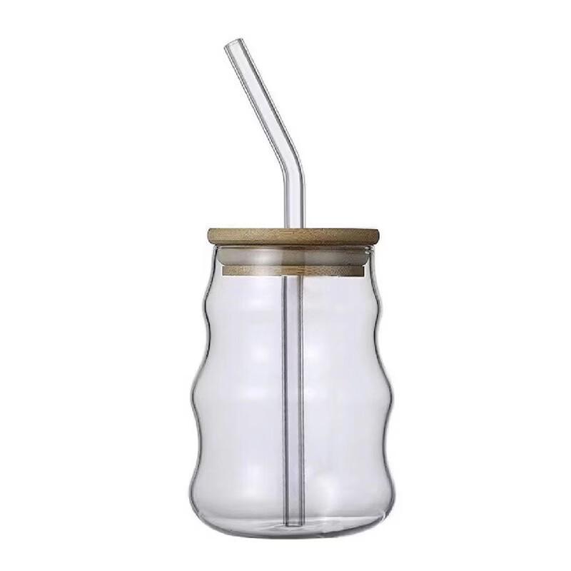 Shangqi 550ml Cloud Glass Mug with Straw & Wooden Lid
