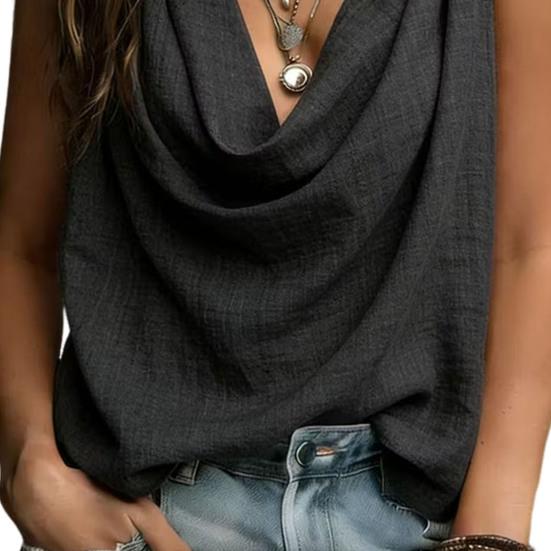 Women Vest V-Neck Sleeveless Loose Fit Camisole with Pleated Front Asymmetrical Collar Metallic Detail Ruffled Tank Tops