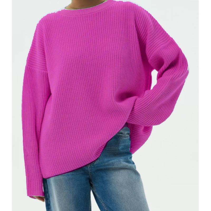 Solid color crew neck sweater spring and autumn loose knitted sweater top women pullover sweater women