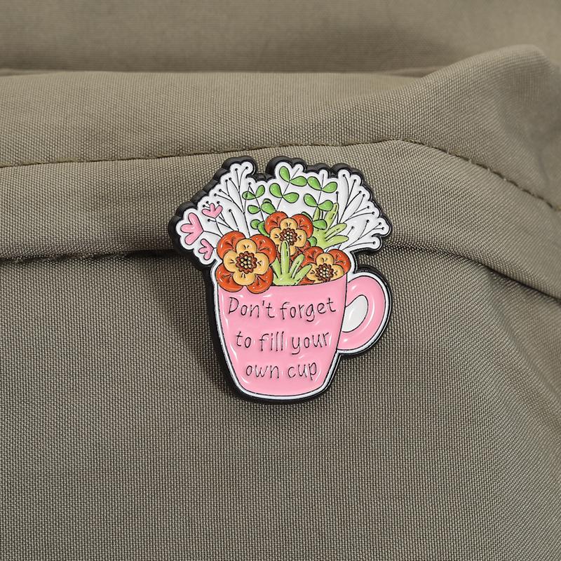 Floral Box Cup Enamel Pins Flowers Self Care Quotes Brooches Lapel Badges Plant Inspiring Jewelry Gift for Kids Friends