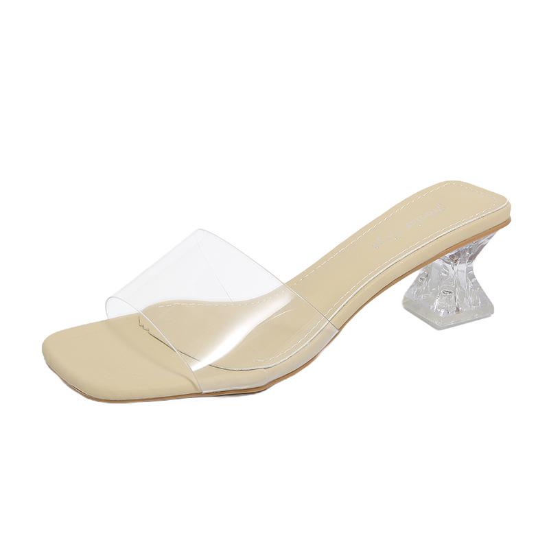 Transparent fairy style square head thick heel slippers female summer wear 2025 new fashion crystal and slippers