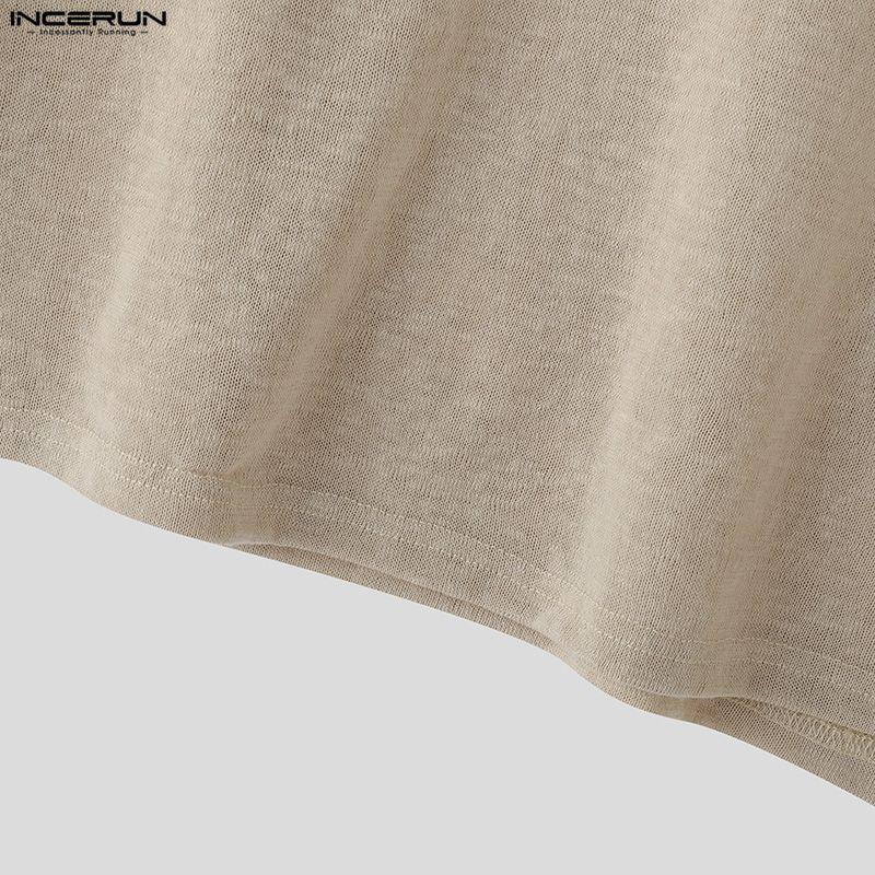 INCERUN Spring Men Round Neck Long Sleeve Crochet Casual Loose Pullover T-shirts Tops