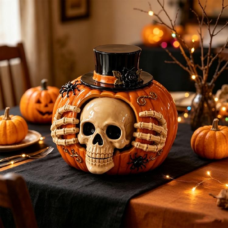 Skull Face Pumpkin Resin Resin Candy Jar Halloween Candy Storage Container for Entry Table Use, Dessert Table Service, Shelf Display, and Small Snack