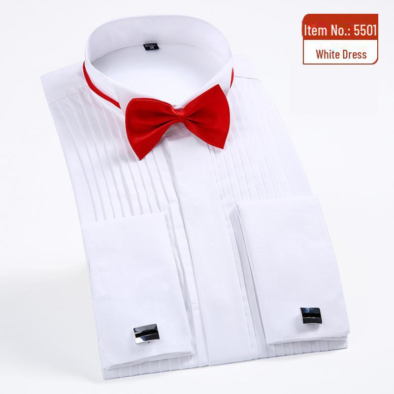 Swallowtail White Men's Stand Collar Long Sleeve Performance Dress Shirt