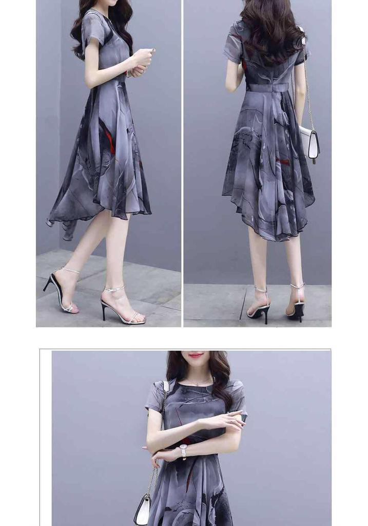 2026 Summer Women's Short Sleeve Chiffon Swallowtail Dress with Korean Print