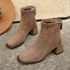 French suede high-heeled short boots for women 2025 autumn and winter retro European and American thick heel square head rear zipper thin Martin bo
