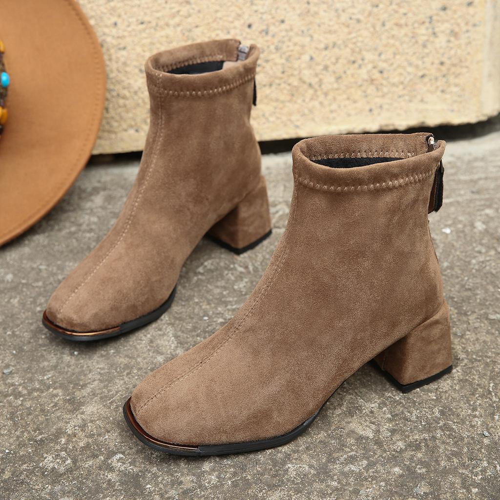French suede high-heeled short boots for women 2025 autumn and winter retro European and American thick heel square head rear zipper thin Martin bo