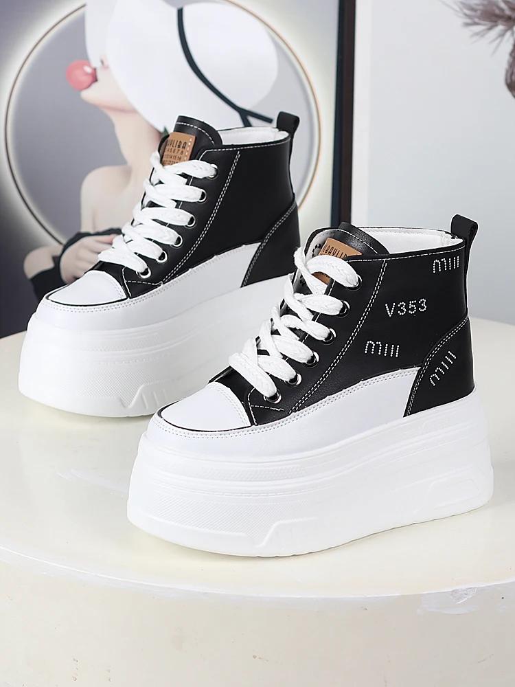 Fashion 12CM Genuine Leather Vulcanize Ankle Booties Women Chunky Sneaker Loafer High Brand Comfy Spring Autumn Platform Shoes