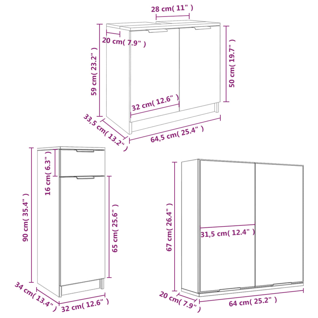4 Piece Bathroom Furniture Set Grey Sonoma Particleboard