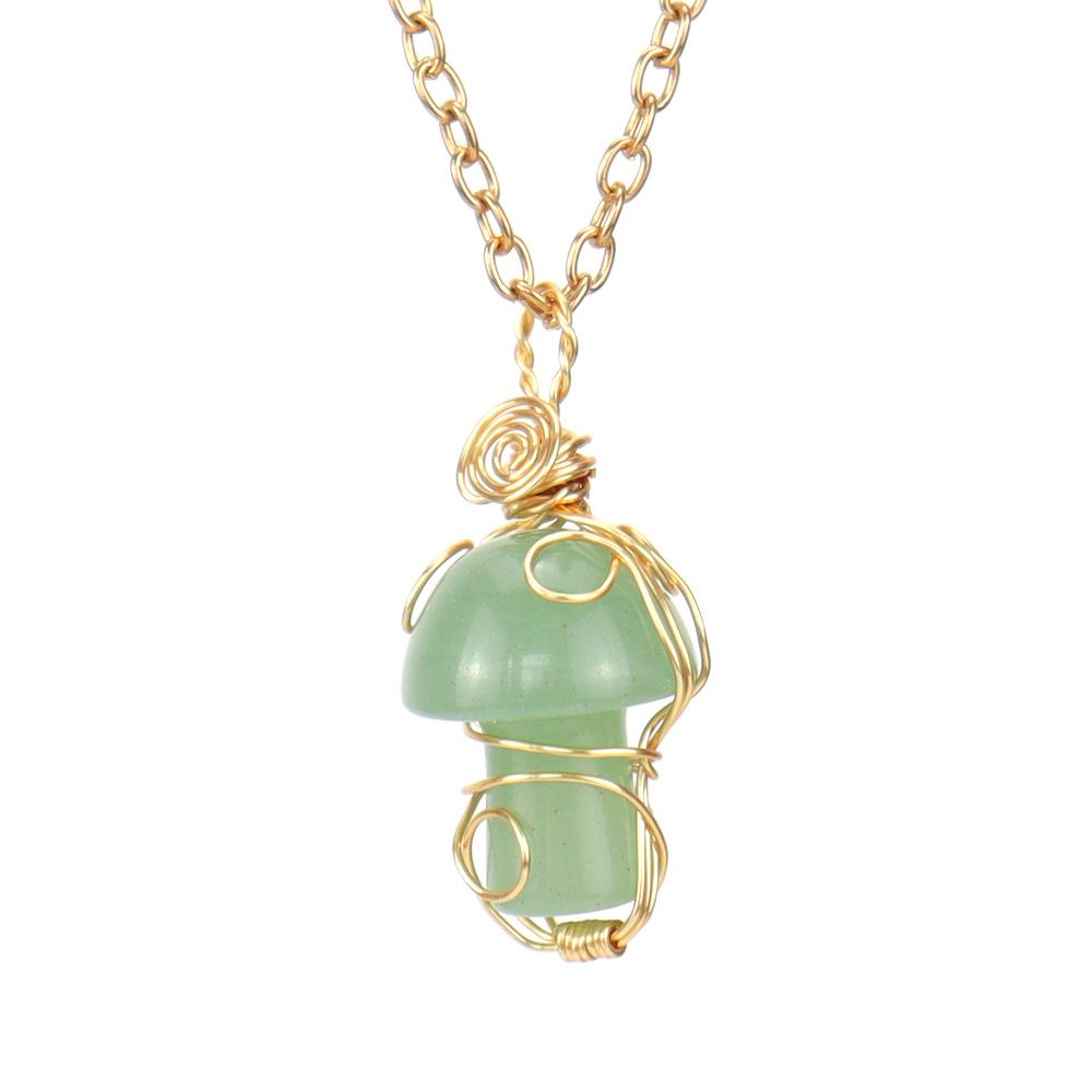 Handmade Gold Winding Crystal Tiger Stone Agate Small Mushroom Pendant Necklace Jewelry N588
