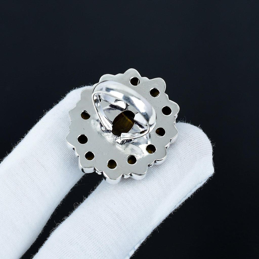 Natur Tigerauge Edelsteinring, 925 Sterlingsilber Ring, Geschenk für Sie, Ovaler Stein, Eleganter Handgefertigter Ring, Tigerauge Blume Silberring zum Verschenken