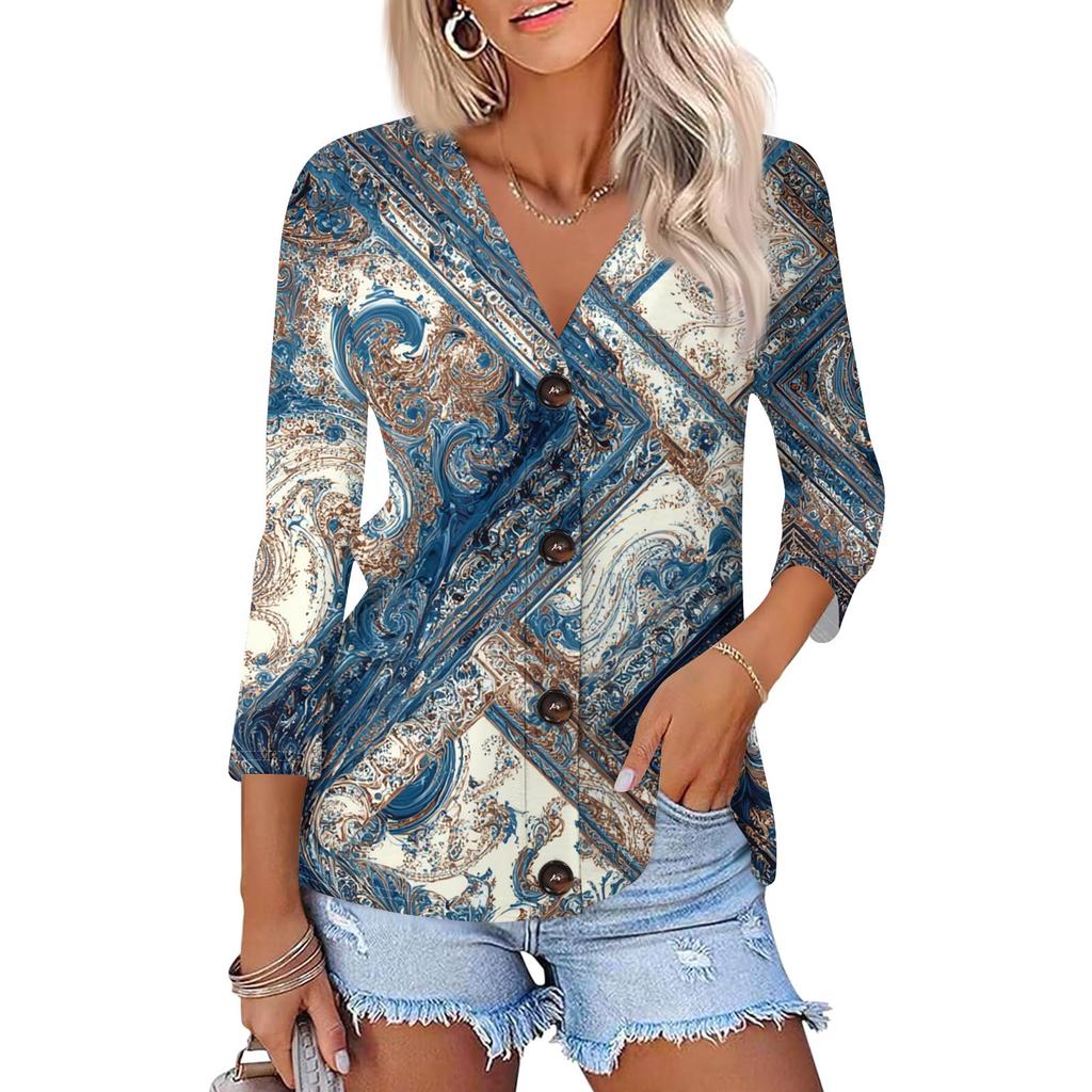 Women's Fashion Casual Print Button-down Shirt 3/4 Long Sleeve Tops