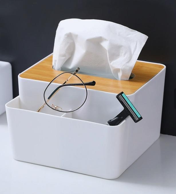Standard Size White Tissue Box With Natural Bamboo Top, Rectangular Napkin Dispenser For Home Hotel Office Table Decor