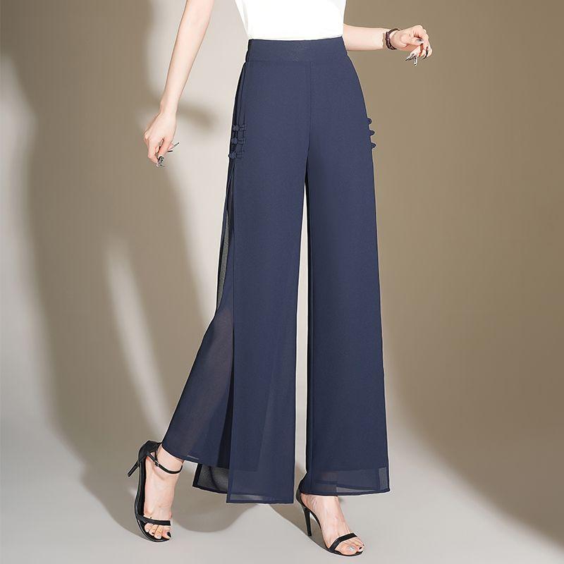 

Шифоновые женские летние тонкие брюки с широкими штанинами, высокой талией, свободного кроя, для высоких, со складками, в китайском стиле, с разрезом, прямые 4XL синий