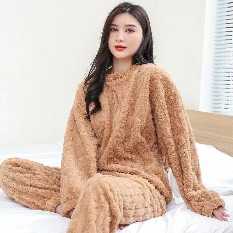 Winter Solid Color Jacquard Men's And Women's Pajama Set Cozy Thickened Warm Homewear Sleepwear Loungewear Set