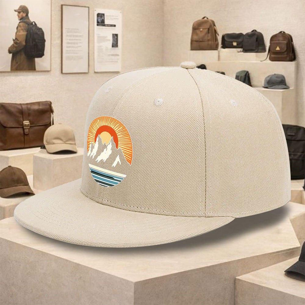 Mountain Sunset Graphic Polyester Baseball Cap Unisex Outdoor Adventure Flat Brim Snapback Hat