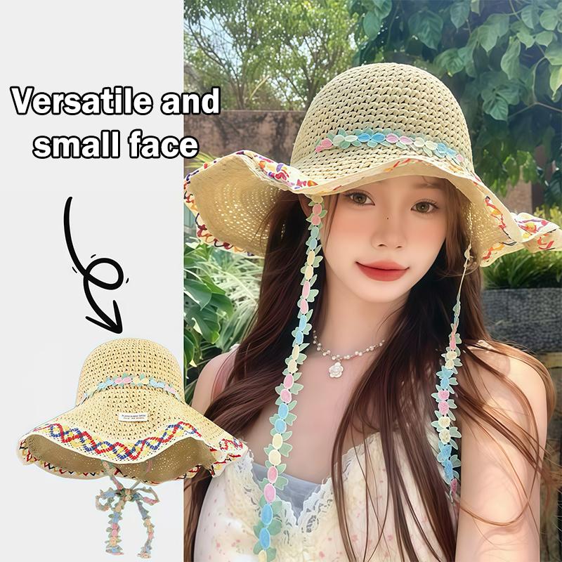 Korean Style Floral Bow Straw Hat For Women New Summer Beach Large Brim Fisherman Hat Small Face Holiday Style Sun Hat
