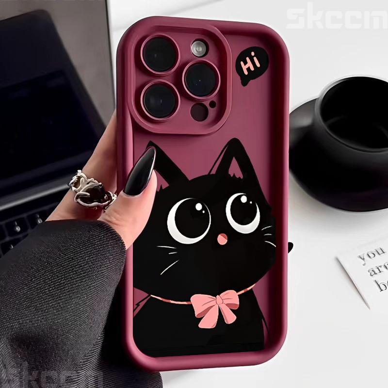 

Cute Black Big Eyed Cat Pattern Phone Case For iPhone 16E 16 15 14 Pro Max 13 12 11 8 7 Plus X XR XS Max Matte Silicone Cover iPhone XR