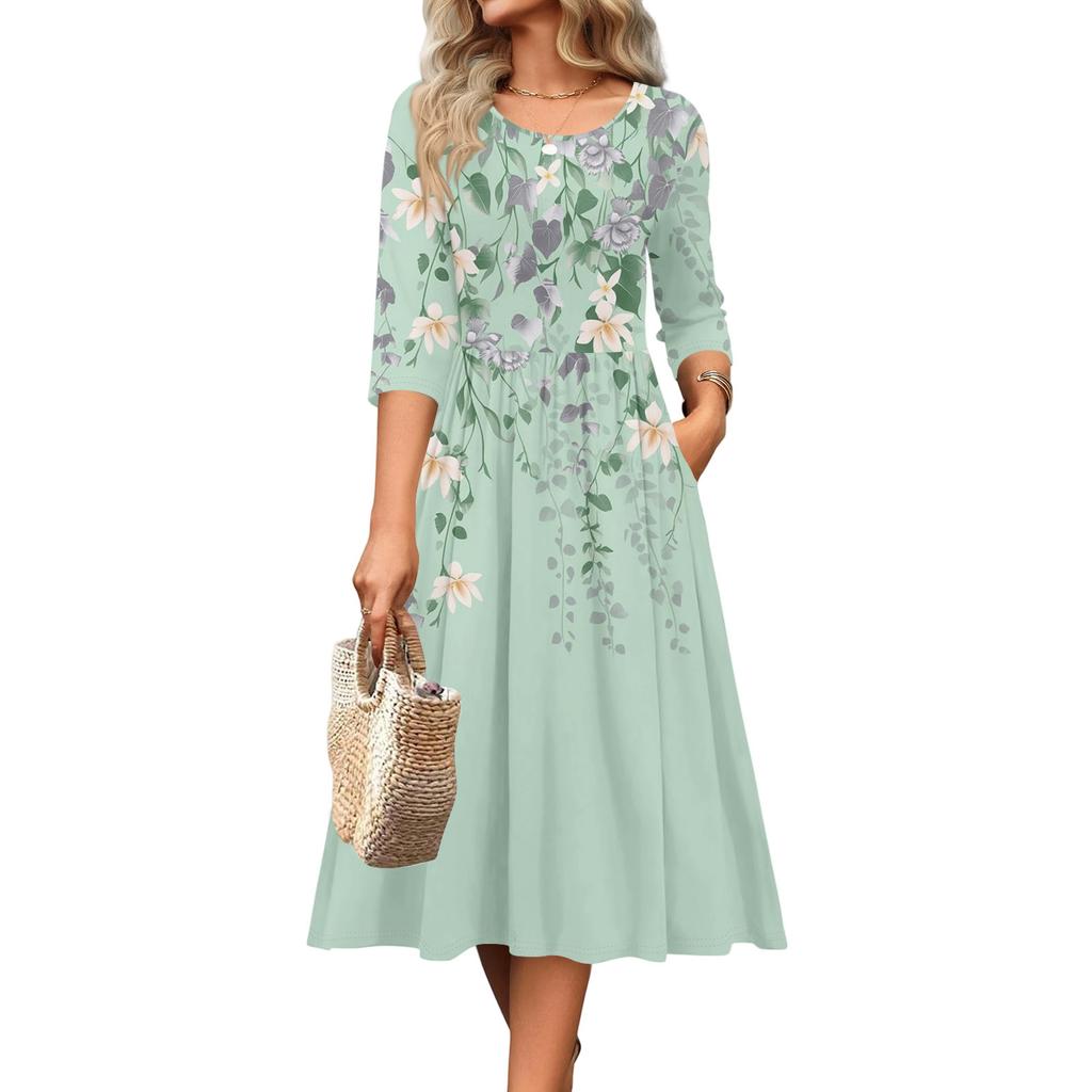 Dámské šaty s 3/4 rukávem, ležérní, splývavé, áčkového střihu, midi tričkové šaty s kapsami, kulatý výstřih, na dovolenou, boho, plážové letní šaty