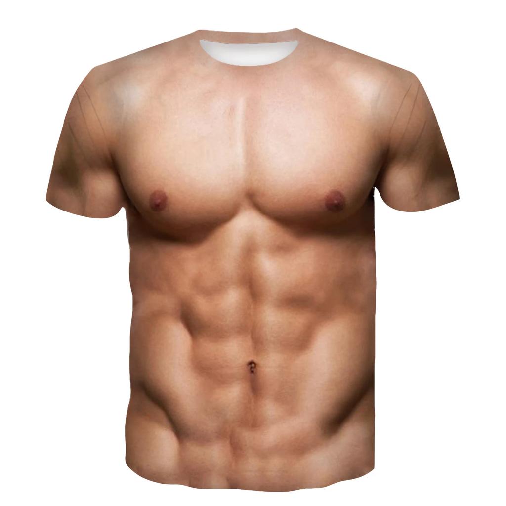 Summer Round Neck 3D Funny Muscle Print Top Fashionable Casual Short Sleeved Men's T-shirts