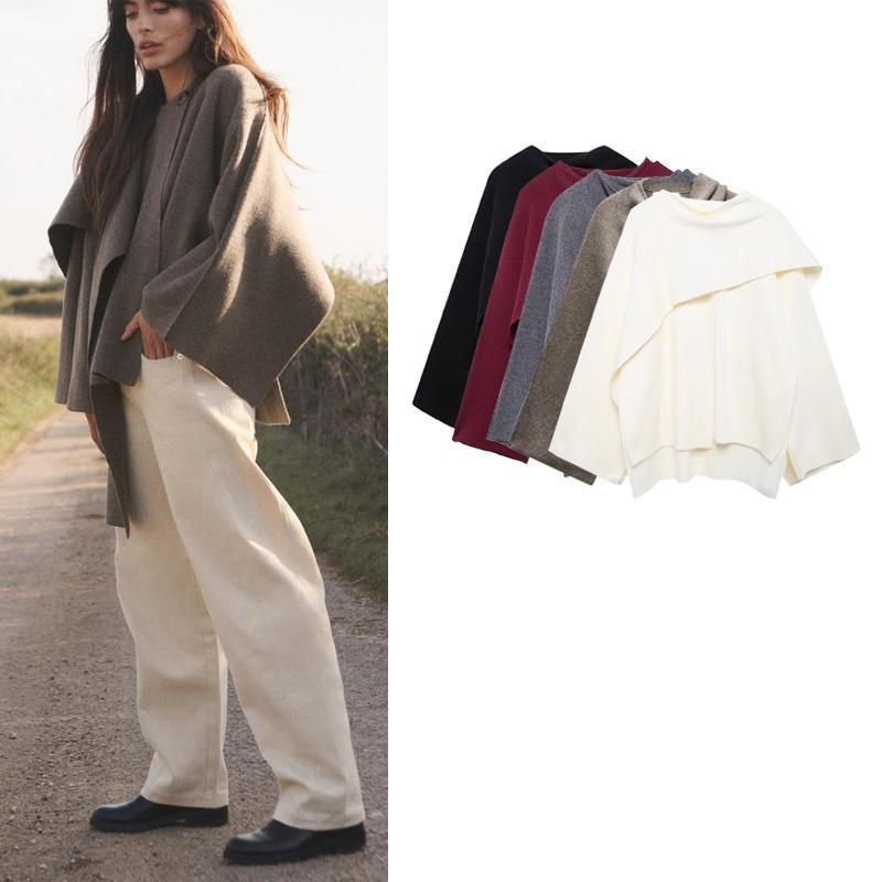 Fall and Winter Women's Idle Style Scarf Cape round Neck Long Sleeves Short Knitting Coat Outwear 2756107