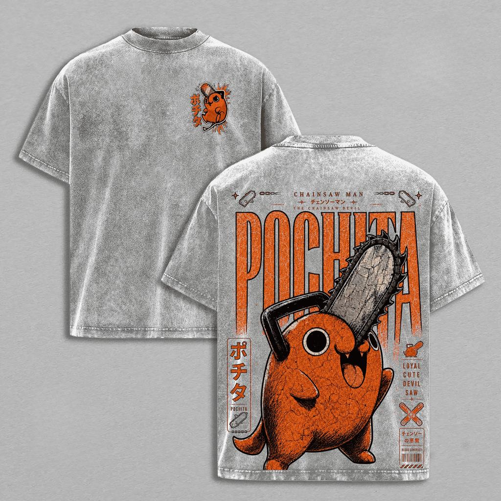 Pochita Chainsaw Man Anime Printed T-shirt Summer Short Sleeve Casual Tee Clothes Men Clothing Vintage Y2k Washed Polyester T Shirt
