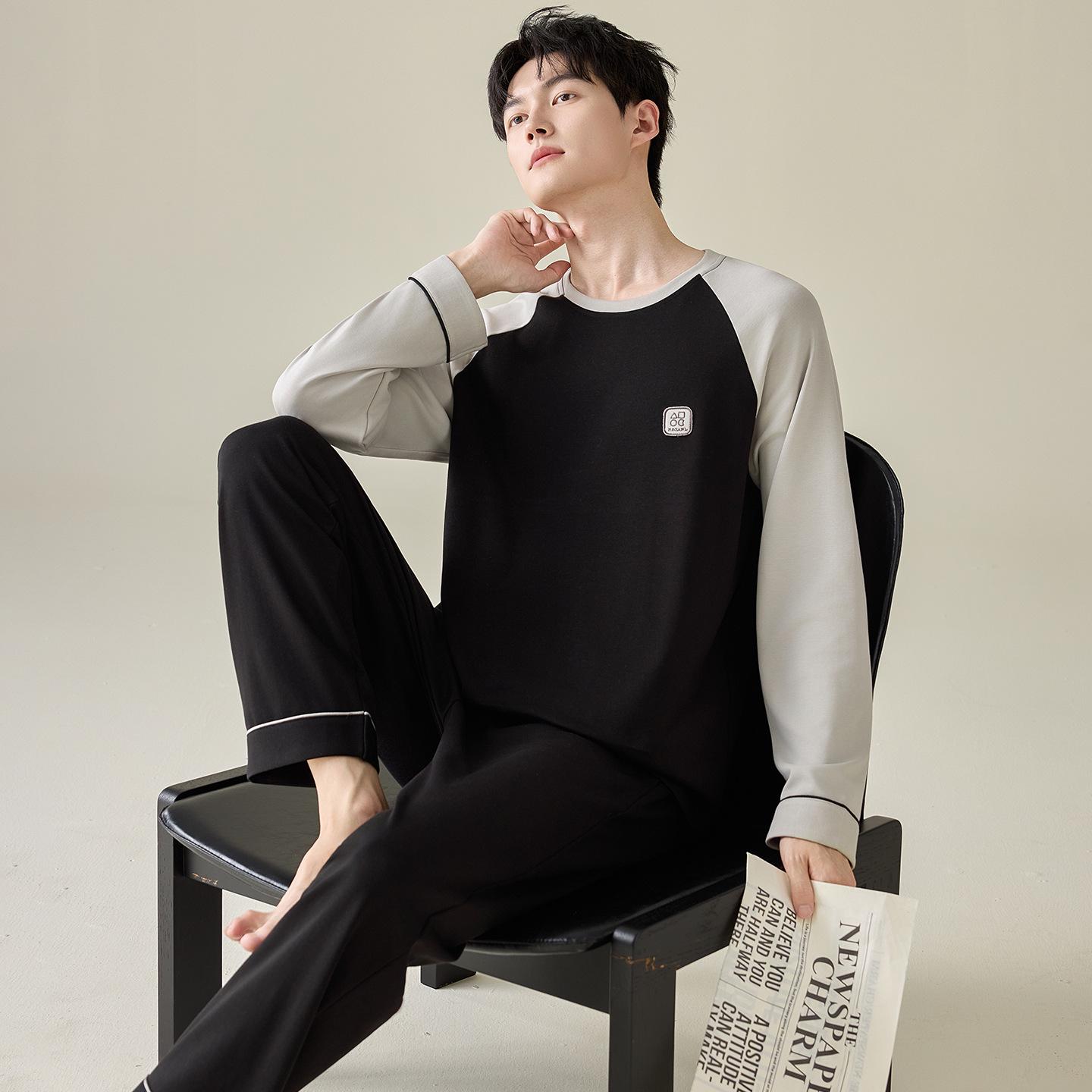 

Мужская пижама больших размеров из чистого хлопка - Стиль осень/зима 2025 с длинным рукавом для подростков L