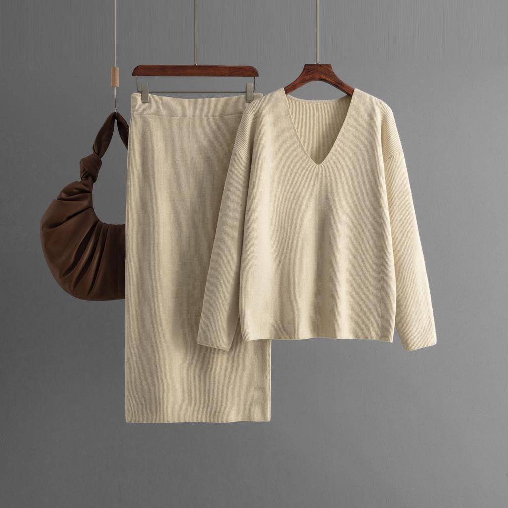 QICED Women's Autumn and Winter V-neck Long-sleeved Loose Knitted Skirt Is Fashionable and Chic, A Two-piece Commuting Outfit for Women