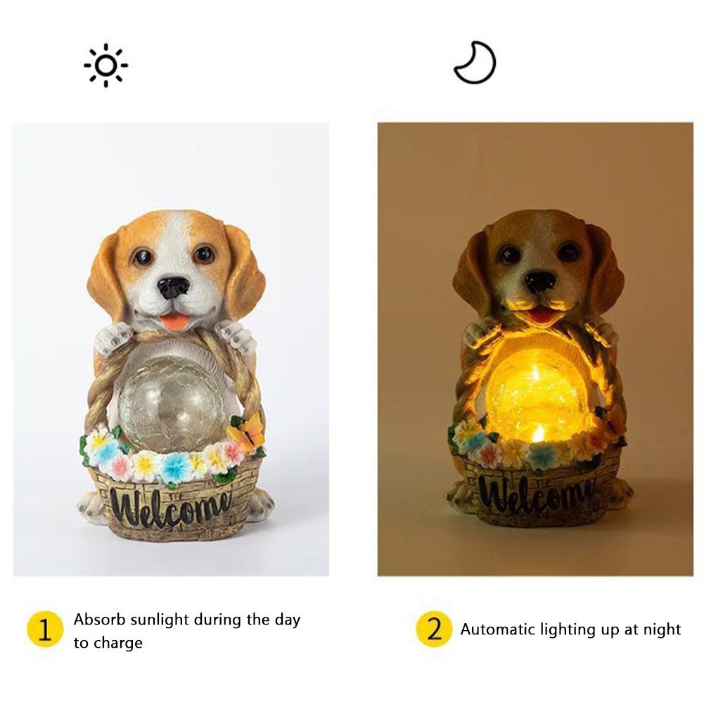 Słoneczne Dekoracje Ogrodowe Zewnętrzne Statuetki Psów Lampki, Uroczy Pies Wiaderko Powitalne Na Werandę Stojący, Na Taras Balkon Podwórko Ozdoby Dekoracje