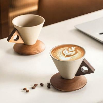 Creative Cone Coffee Cup Set with Ergonomic Handle Solid Wood Coaster High-Temperature 250ml Ceramic Tapered Mug for Espresso Latte Stylish Cup Gifts