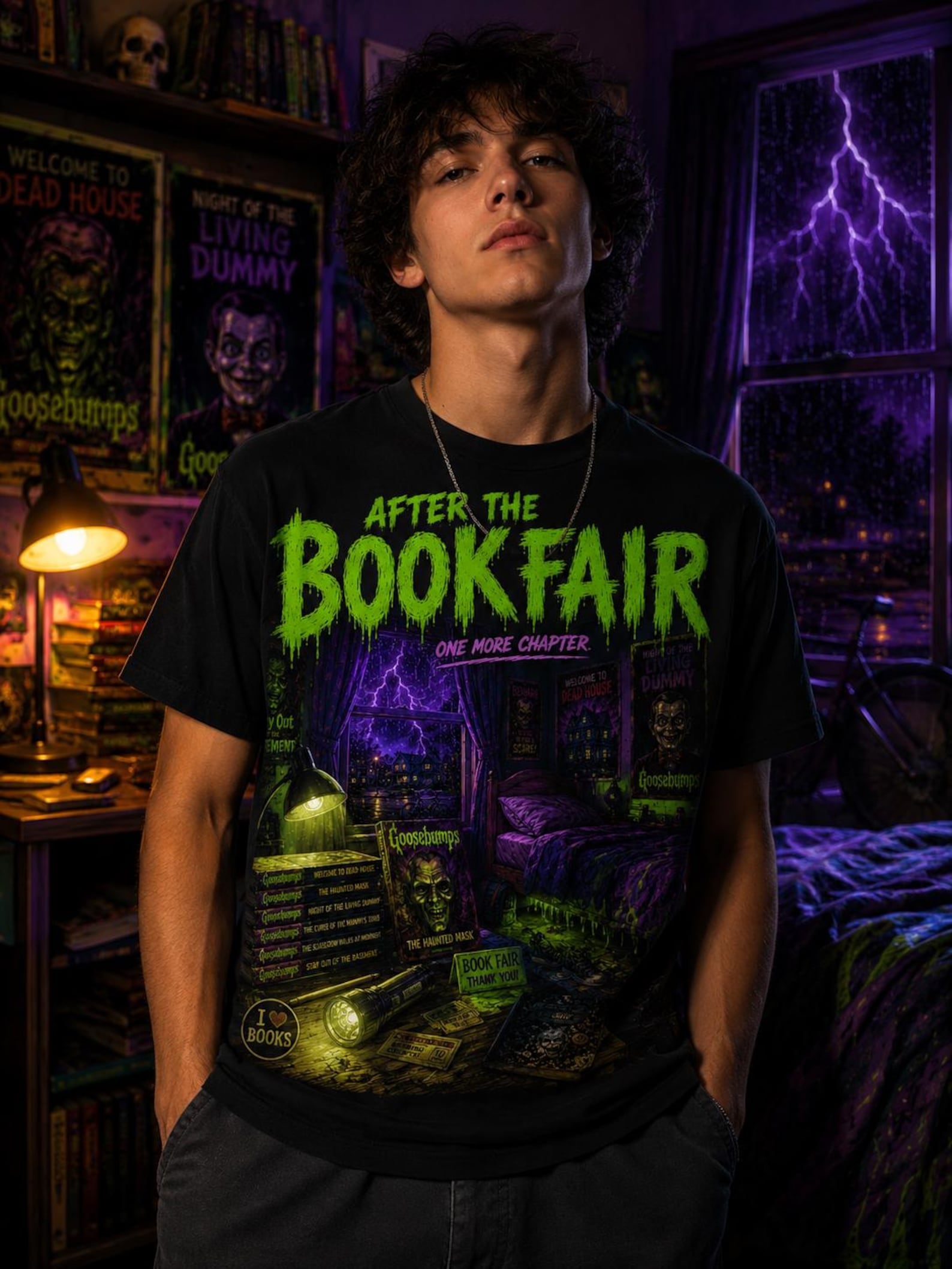 After the Bookfair T-shirt | Horror Bookstore Night Scene, Neon Green Text 4XL