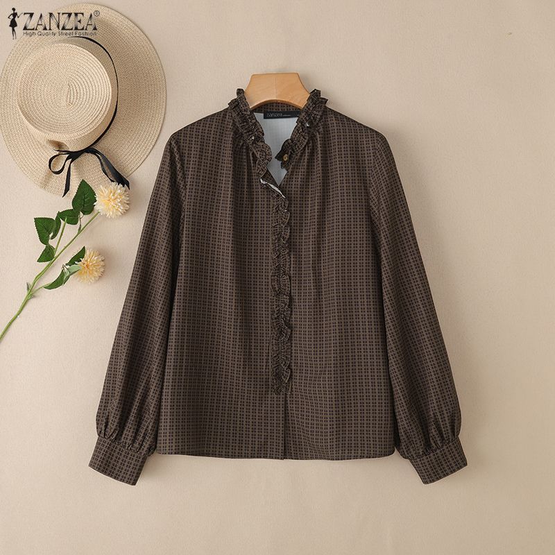 ZANZEA Women Grid Print Casual V-neck Loose Long Sleeve Blouse