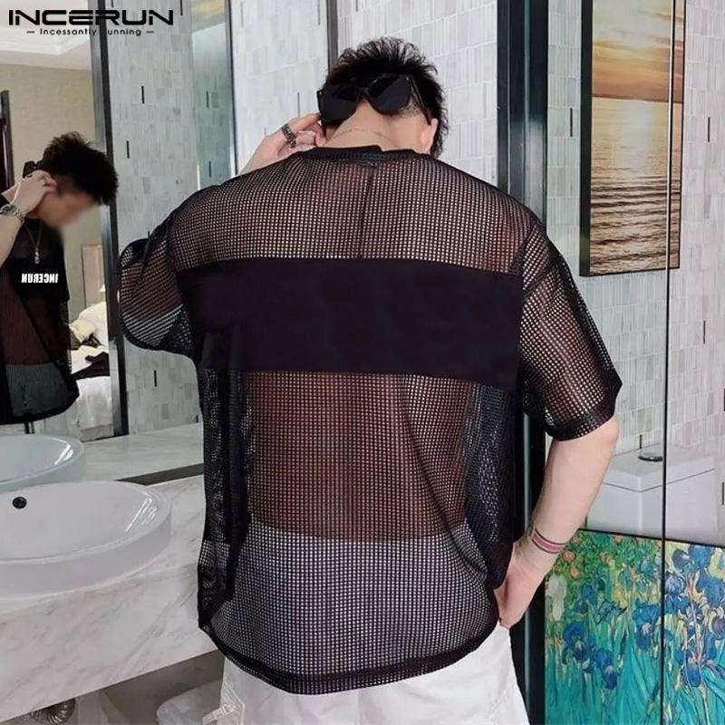 INCERUN Men O Neck Short Sleeve Letter Print Fishnet Mesh Sheer T-Shirts Tops