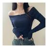 Women's tops Korean fashion tops cut and sew long sleeve cropped short length clavicle stretch elastic slim slender tight sexy girly feminine adult
