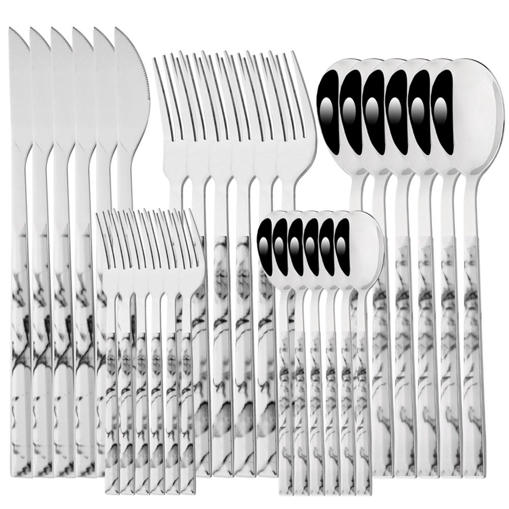 30Pcs Wood Handle Silver Dinnerware Steak Knife Fork Spoons Cutlery Set Stainless Steel Marble Flatware Kitchen Tableware Set