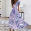 Women's Long Casual Dress Summer Short-Sleeve V-Neck Waist Retraction Printed Dress