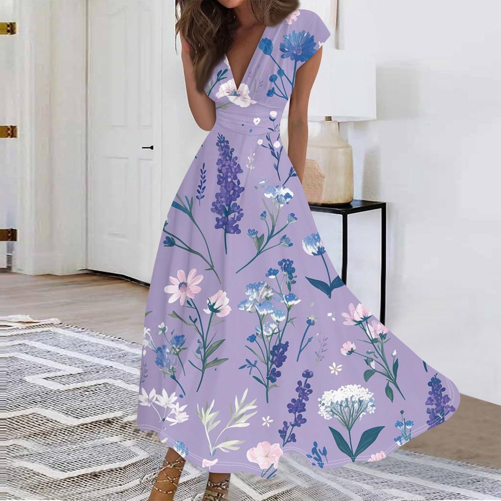 Women's Long Casual Dress Summer Short-Sleeve V-Neck Waist Retraction Printed Dress